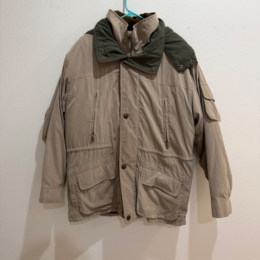St Johns Bay Vintage Tan Olive Utility Field Jacket Quilted Hooded Parka Mens M